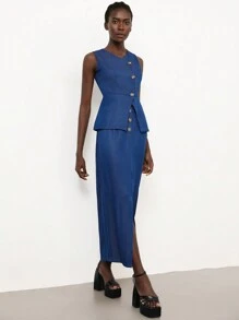 Femmeiva Elegant Retro Blue Denim Effect Waist Cinched Asymmetric Collar Bodycon Maxi Dress 2 Pieces Set For Women - Dark Wash - View 3