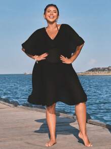 Swim Lushoire Plus Size Solid Color Ruffle Hem Beach Cover Up Black Dress For Summer Beach Vacation - Black - View 6