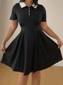 Flirla Plus Size Casual Colorblock Collar Short Sleeve Dress - Black and White - View 4