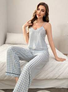 V-Neck Plaid Camisole And Pants Pajama Set - Multicolor - View 1