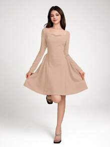 SHEIN Elegant & Luxurious Teen Girls Ruffle Long Sleeve Ruffle Trim Short Dress, Red, Suitable For Back To School, Birthday Party, Cocktail, Valentine's Day - Apricot - View 4