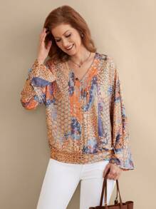 EMERY ROSE 女士印花V领宽松休闲卫衣，长袖套头衫，秋季卫衣 - 彩色 - 查看 1