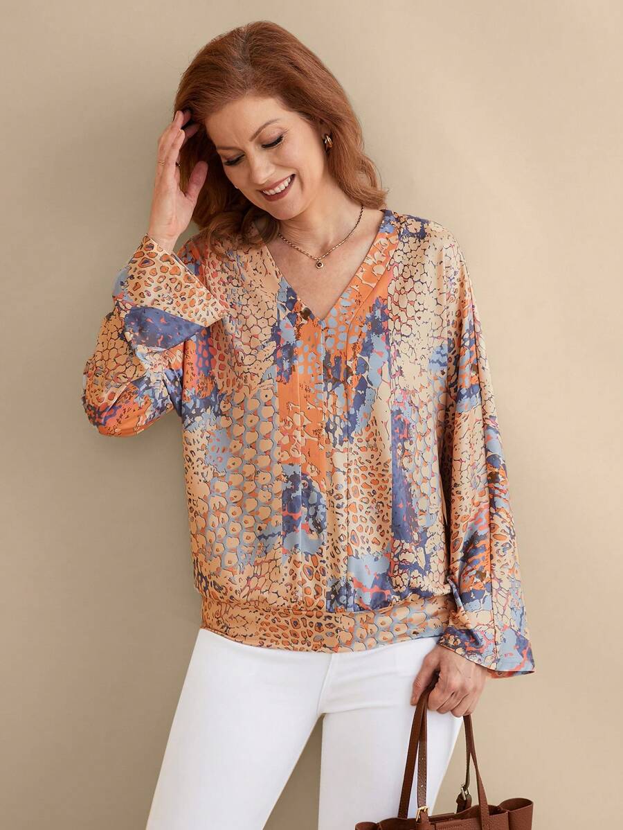 EMERY ROSE 女士印花V领宽松休闲卫衣，长袖套头衫，秋季卫衣 - 彩色 - 查看 1