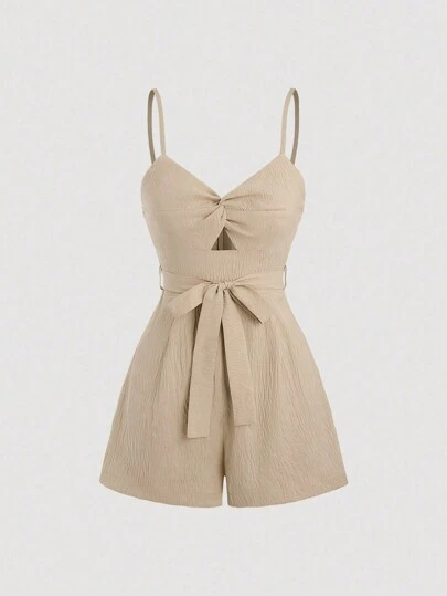 Sweetra Solid Color Knotted Front Sleeveless Romper