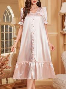 V-Neck Single Breasted Ruffle Trim Faux Silk Short Sleeve Nightgown - Dusty Pink - View 4