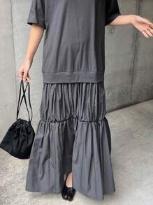 FRIFUL 女士灰色连衣裙，撞色下摆，圆领短袖，夏季服装，荷叶边 - 灰色 - 查看 6