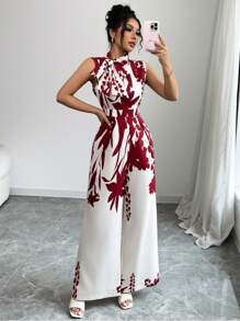 Rafferiza 女士系带蝴蝶领无袖数码印花连身裤 - 彩色 - 查看 4