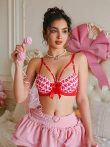 PetitDoll 1pc Women's Heart Print Cutout Wired Lingerie Bra - Multicolor - View 5