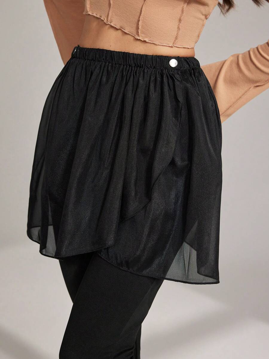 Seusyu 女士休闲混合面料拼接紧身裤 - 黑色 - 查看 1