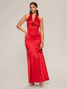 Glamine Women's Solid Color 3D Floral Decor Mermaid Maxi Sheath Dress With Halter Neckline - Red - View 5