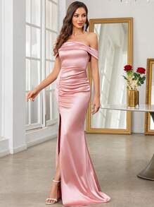 SHEIN Belle 露肩褶皱开叉大腿缎面伴娘礼服白色优雅正式晚会舞会婚礼宾客礼服，适合毕业典礼、晚宴或节日派对服装