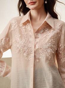 Anewsta Blouse chiffon polyvalente de couleur nude élégante et Top de gamme avec broderie de dentelle jacquard de printemps - Vieux Rose - Voir 3