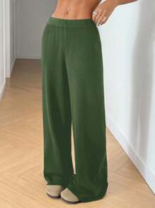 SHEIN EZwear Women Knit Pants, Casual Plain Solid Color, Minimalist Fashion For Everyday Wear - Army Green - View 4