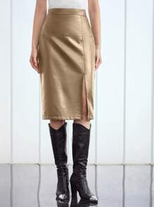 MOTF PREMIUM SPLIT HEM PU LEATHER SKIRT - Khaki - View 5