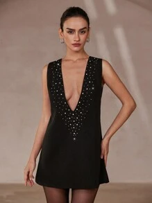 Aveloria Rosie Vestido negro corto sexy con cuello en V profundo, sin mangas, estampado degradado y remaches, de estilo vintage y romántico francés
