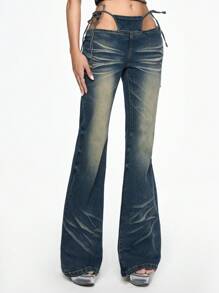 ROMWE Grunge Punk Y2K Rivet 2 In 1 Extremely Low Waist Flare Jeans Pants For Women, Suitable For Concerts & Festivals - Blue - View 5