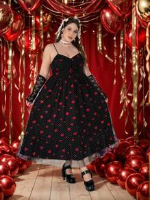 Flirla Romantic Heart/Polka Dot/Lip Print Mesh Panel Adjustable Spaghetti Strap Casual Dress, Suitable For Valentine's Day, New Year - Black - View 7