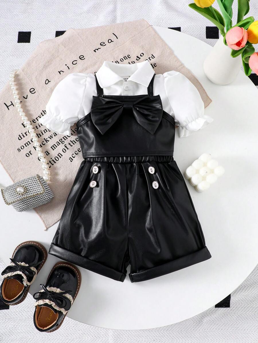 3pcs/Set Baby Girl Spring&Summer Street Style,Short Sleeves Solid Shirt&Bowknot Decoration Slip Coat &Short Pants