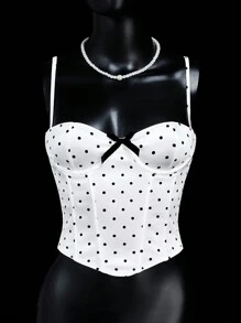 SHEIN ICON 情人节女士夏季服装外出上衣女士不对称罩杯蝴蝶结装饰波尔卡圆点内衣上衣 - 白色 - 查看 4