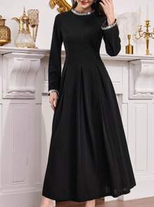 Modelyn 女式亮片装饰圆领收腰 A 字型复古法式连衣裙 - 黑色 - 查看 1