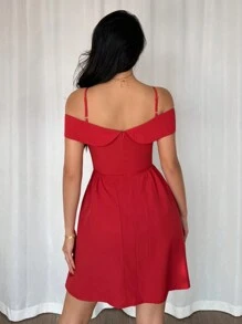 Chiquease Fashionable Off Shoulder Ruched Waist Mini Dress, Versatile For Daily Wear - Red - View 3