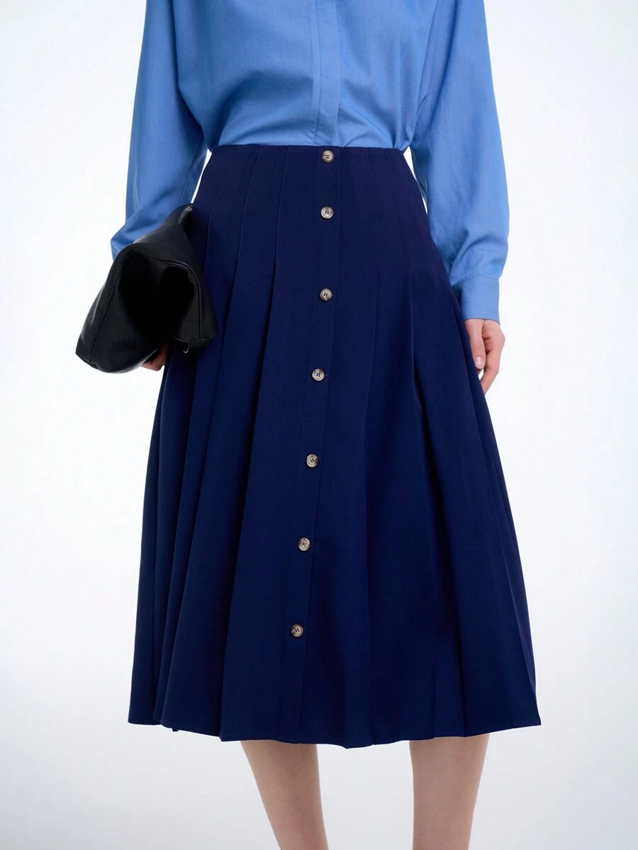 Aalyst Women's High Waist Single-Breasted Pleated Knee Length Skirt, Modest Elegant Country Style