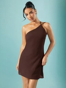 Hauture Solid Chiffon One Shoulder Draped Backless Mini Dress - Coffee Brown - View 2