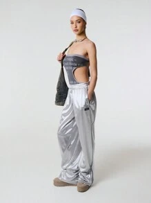 SHEIN Unity Text Print Cut Out Waist Tie Back Bandeau BodySuit - Grey - View 4