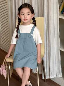 DAZY 适合年轻女孩的简约时尚休闲日常连衣裙，女孩夏季服装 - 藍色 - 查看 7