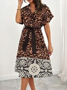 SHEIN Elegant Style, Leopard With Placement Printed, Self Belted Midi Shirt Dress