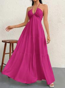 Firerie Vestido largo de mujer de gasa con cuello halter y espalda descubierta con lazo, para vacaciones, boda y eventos