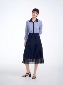 SHEIN Clasi 女式 2024 新款条纹拼接雪纺褶皱休闲中长连衣裙 - 藍色 - 查看 4