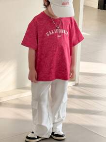 2pcs/Set Tie Dye Design Young Boy Casual Loose Fit Round Neck Short Sleeve T-Shirt And Solid Color Drawstring Waist Pockets Cargo Pants Outfit