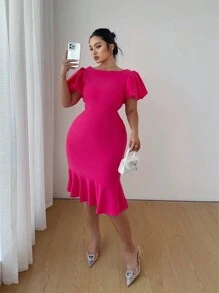 Elenzga Plus Size Women Solid Color Crew Neck Short Sleeve Ruffle Decor Casual Midi Dress