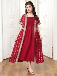 2 件青少年女孩休闲简约短袖夹克和连衣裙套装，日常穿着 - 黑色 - 查看 3