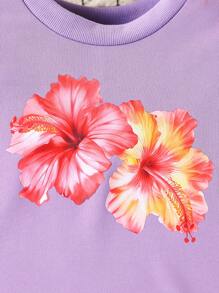 SHEIN 2pcs/Set Tween Girl Casual Floral Print Cropped Loose Drop Shoulder Sweatshirt & Relaxed Wide-Leg Pants