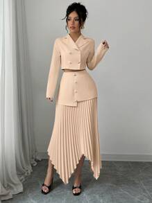 Elenzga 2pcs Women Suit Collar Waist Buttoned Pleated Asymmetrical Elegant Set - Khaki - View 4