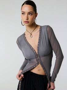 SHEIN Unity TypaGal Women's Solid Color Long Sleeve V-Neck Tie Front Blouse Y2K Clothes,Valentines Outfit
