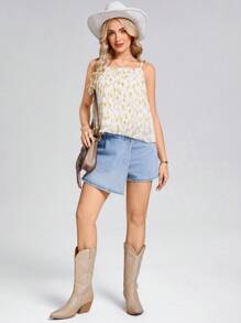 SHEIN LUNE Camiseta de mujer con volantes en color amarillo claro y estampado floral romántico, para primavera/verano