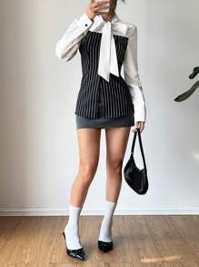 SHEIN Unity 全新 拼接单排扣长袖蝴蝶结领优雅女士办公衬衫 - 黑與白 - 查看 4