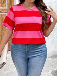 SHEIN LUNE 大码女式 V 领条纹休闲夏季 T 恤