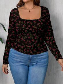 SHEIN LUNE Camiseta suelta de cuello redondo con estampado de rosa de talla grande para mujer, estilo minimalista