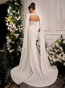 Glamrae 优雅、奢华的水钻装饰弹力针织美人鱼可拆卸尾巴婚纱，适合婚礼、派对、度假、庆典、新娘 - 米色 - 查看 3