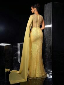 Glamrae 优雅华丽的黄色亮片剪裁雪纺飘逸修身鱼尾高开叉连衣裙，适合晚宴单身派对约会返校季舞会晚礼服、婚礼宾客礼服、正式礼服 - 黃色 - 查看 3