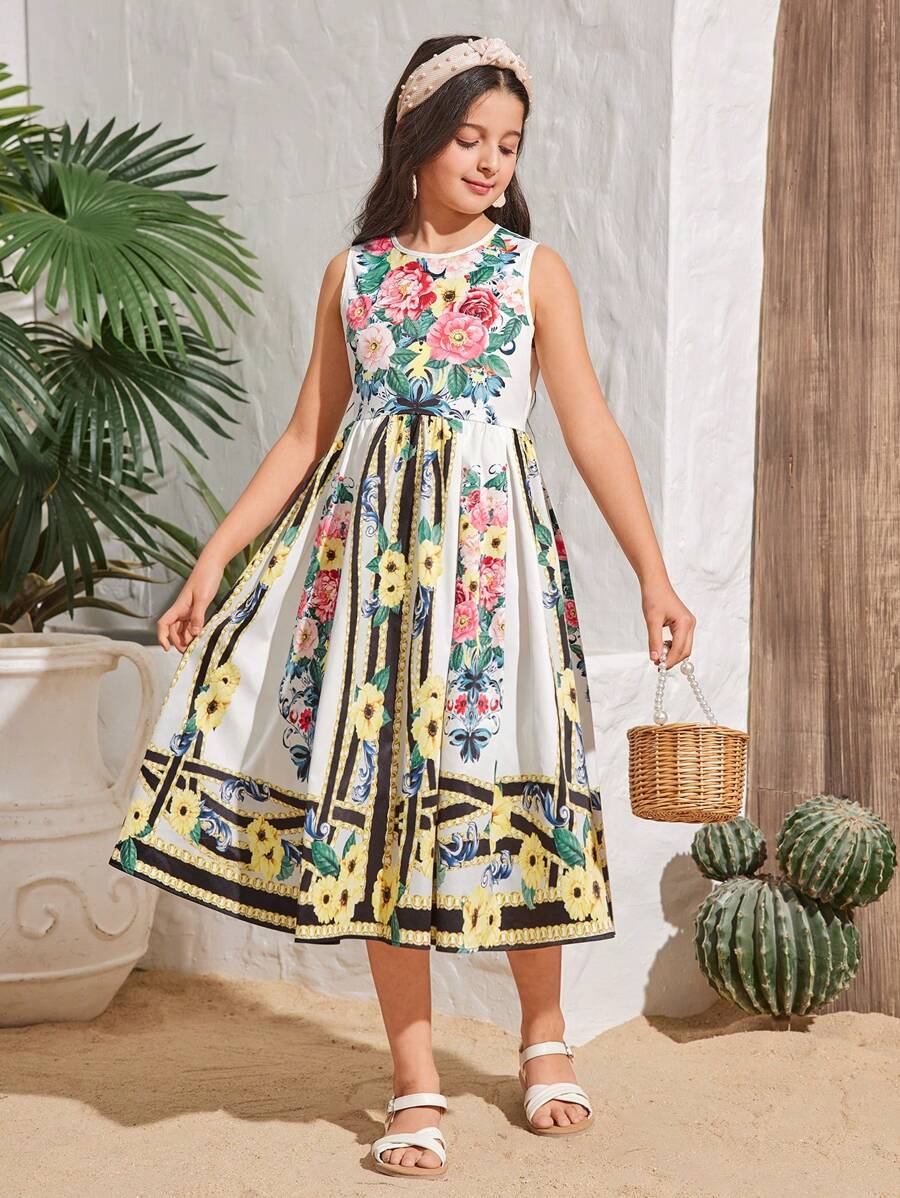 SHEIN Tween 女童度假休闲碎花无袖圆领连衣裙 - 彩色 - 查看 1