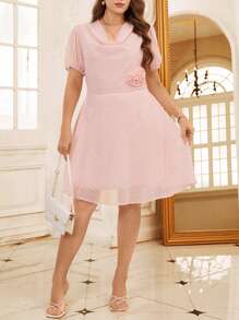 SHEIN Clasi Plus Size Women Solid Hollow-Out Draped Neck Chiffon Dress With Floral Decor, Spring/Summer Wedding Guest Dress