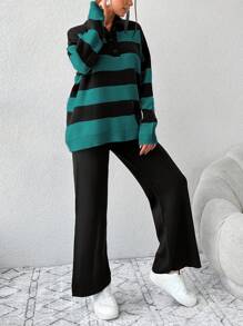 RueChic Women's Striped Button Half Placket Drop Shoulder Sweater And Solid Knit Wide Leg Pants 2pcs Set - Dark Green - View 3