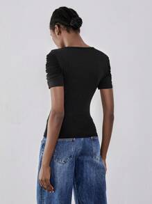 Chiquease Camiseta feminina gola redonda capelete transparente lisonjeira solta manga curta - Preto - Ver 2