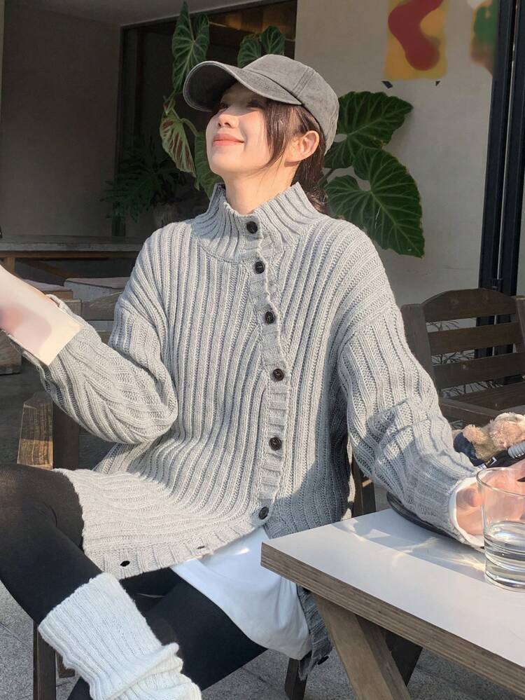 Women's Casual Solid Color Oblique Placket Long Sleeve Sweater, Autumn/Winter,Fall Women Clothes Turtleneck Women