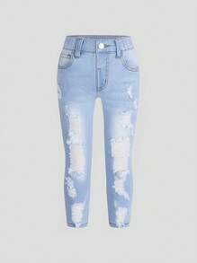 Young Girl' All-Match Distressed Washed Denim Skinny Jeans - Light Wash - View 1